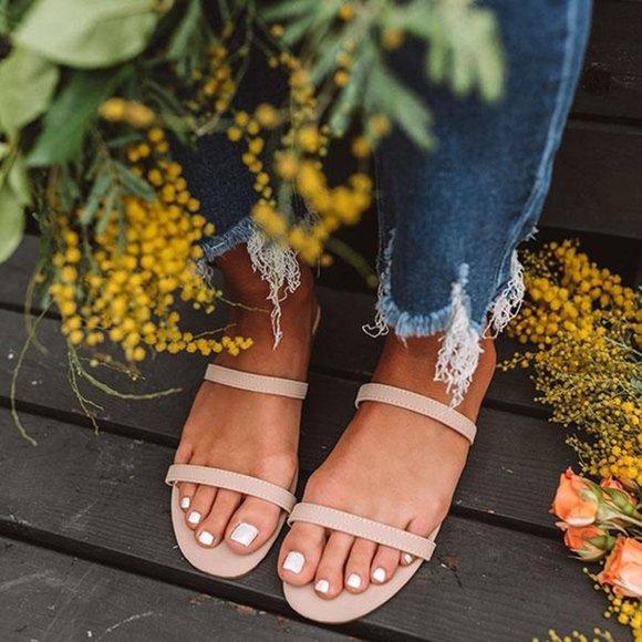 NEW🔥 Nude Double Strap Open Toe Slide Flat Sandal Flip Flops - Picture 2 of 5